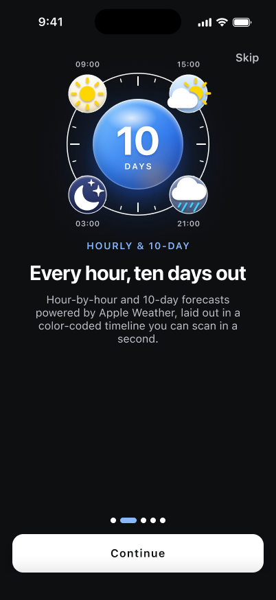 Climate dark-mode onboarding illustration for hourly and 10-day forecasts
